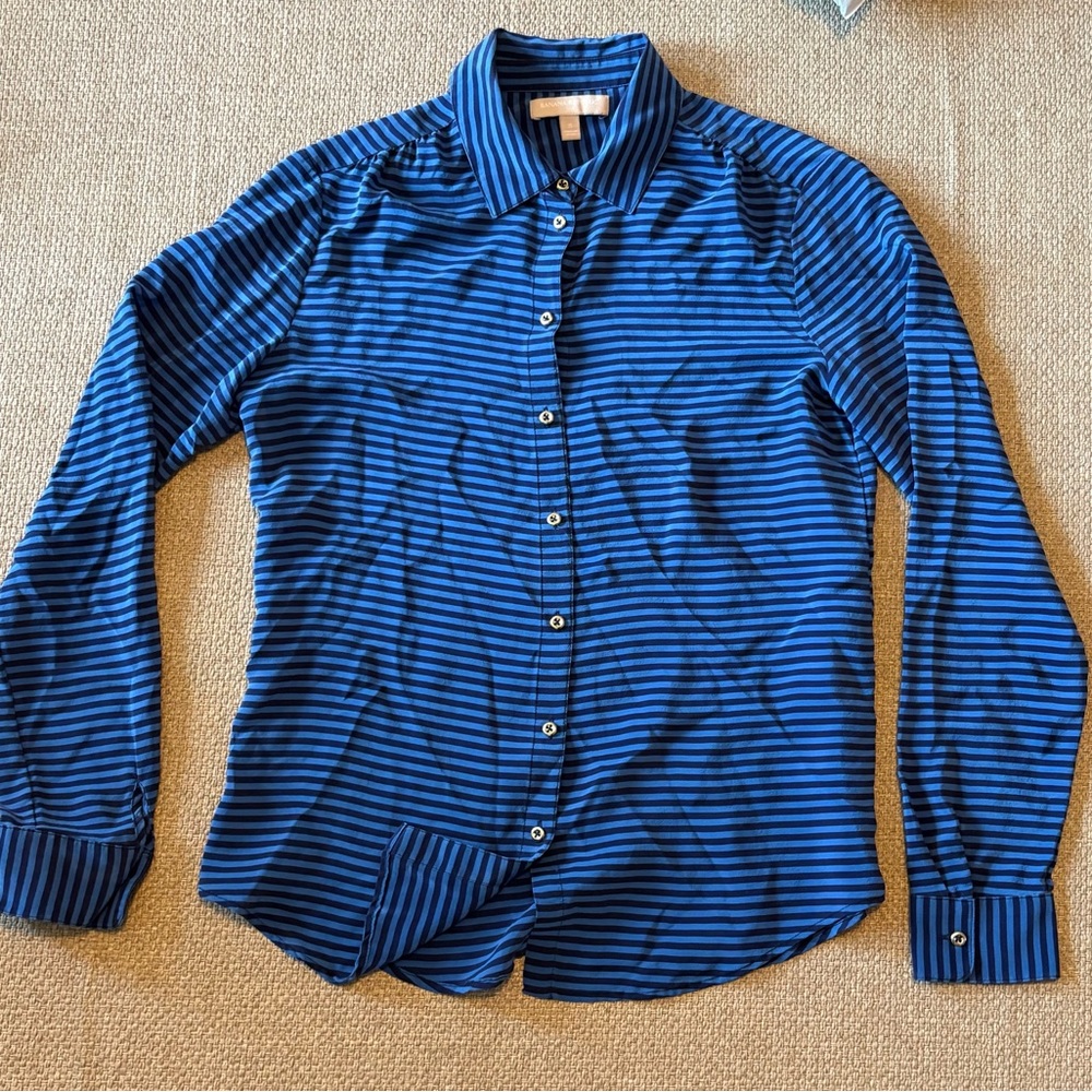 Banana Republic Silk Top Button Blouse Shirt Striped Blue Black Long Sleeve Sz S